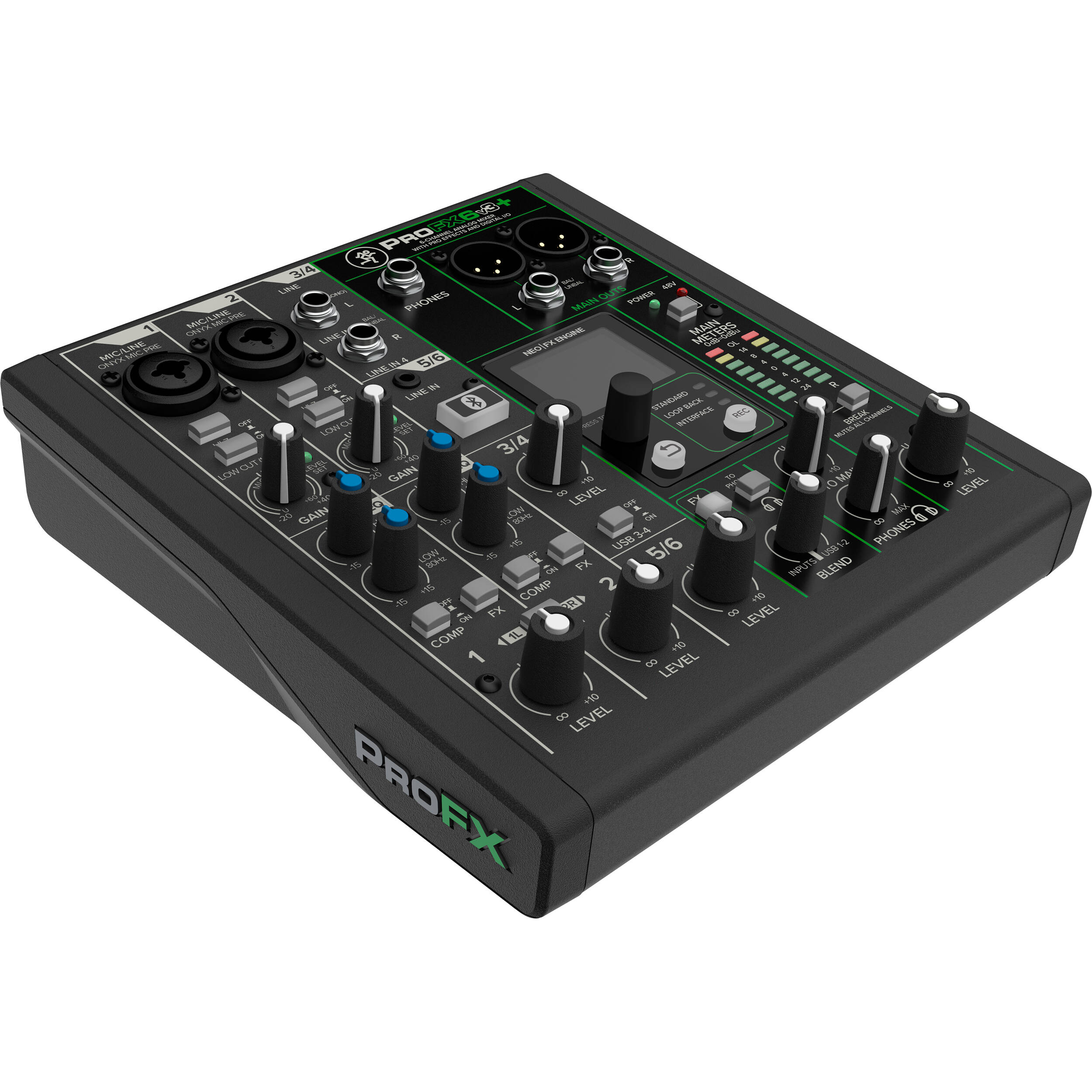 Mackie ProFX6v3+ analog mixer with multiple channels, knobs, and input jacks, featuring a professional audio mixing interface.