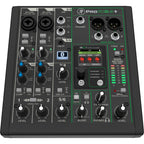 Mackie ProFX6v3+ analog mixer with multiple input channels, knobs, and sliders for sound control and audio mixing.