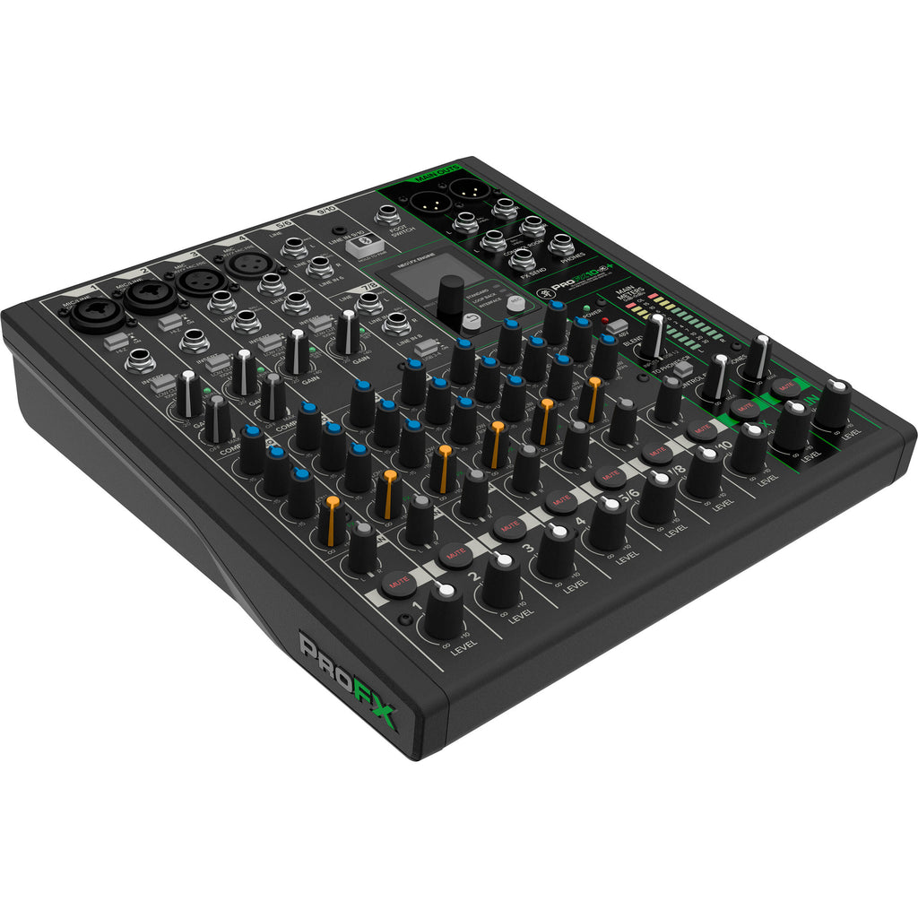 Mackie ProFX10v3+ analog mixer with multiple input channels, knobs, and faders for professional sound mixing.