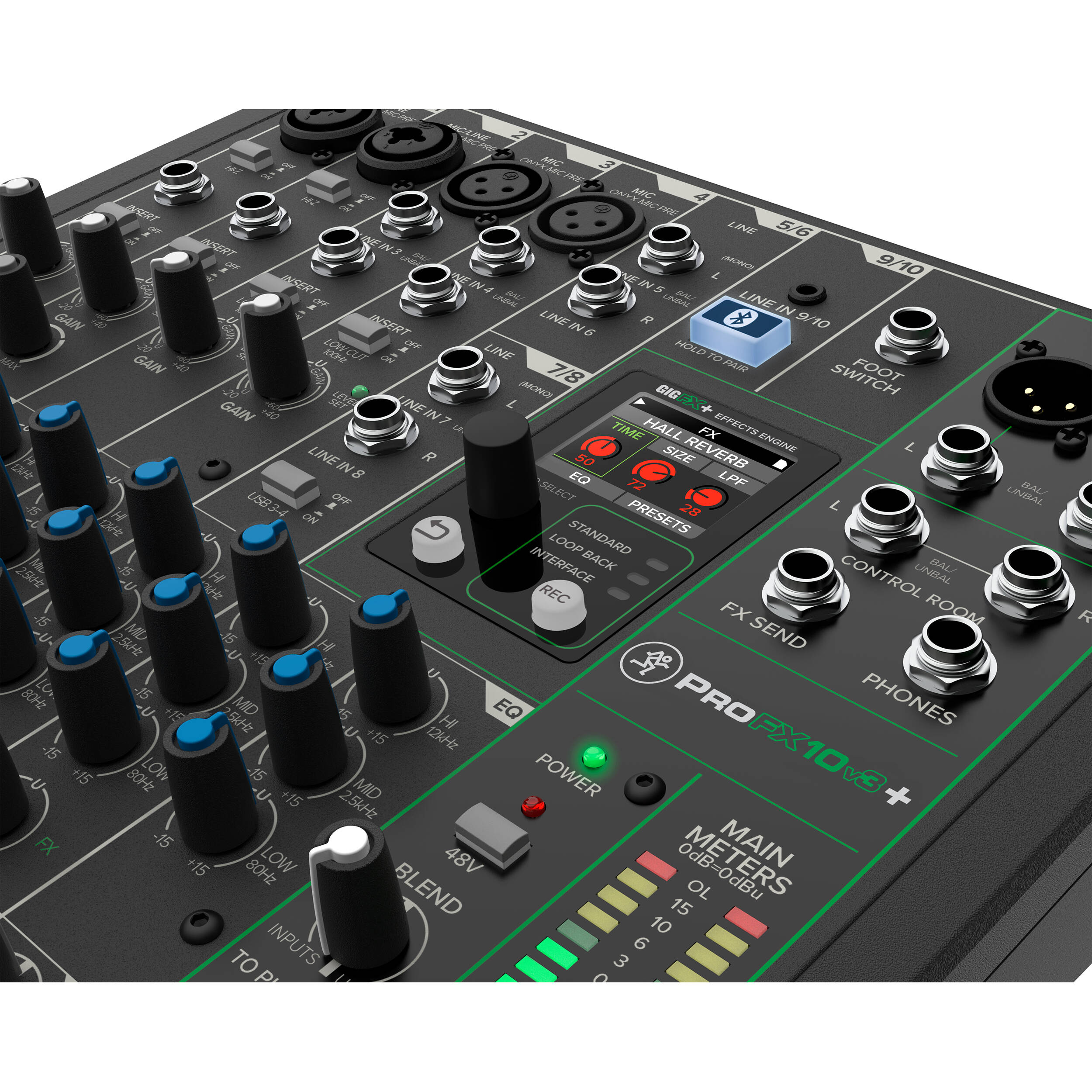 Mackie ProFX10v3+ analog mixer with multiple input channels, knobs, and audio output jacks, used for live sound and recording.