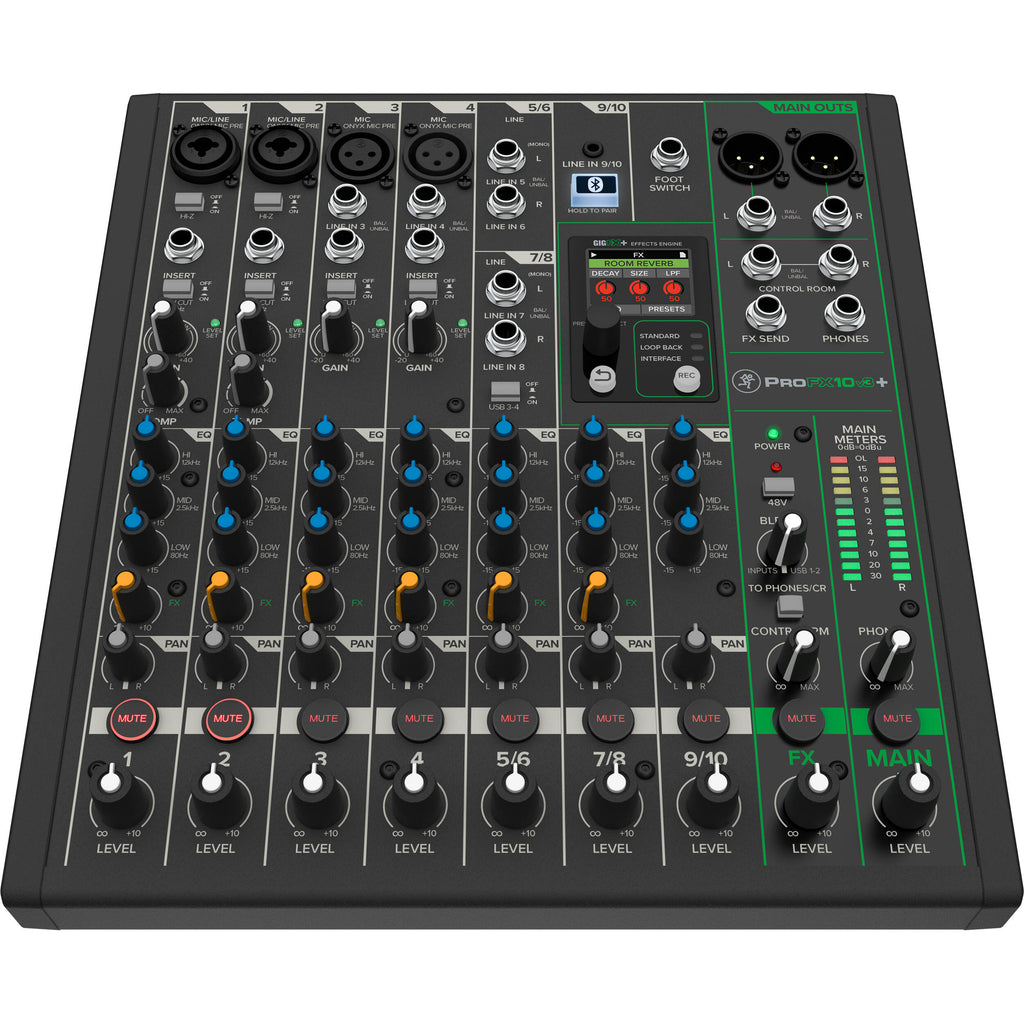 Mackie ProFX10v3+ analog mixer with multiple input channels, knobs, and sliders for professional audio mixing.