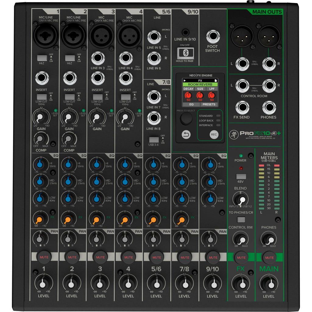 Mackie ProFX10v3+ analog mixer with multiple input channels, control knobs, and audio output jacks, shown on a white background.