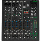 Mackie ProFX10v3+ analog mixer with multiple input channels, control knobs, and audio output jacks, shown on a white background.