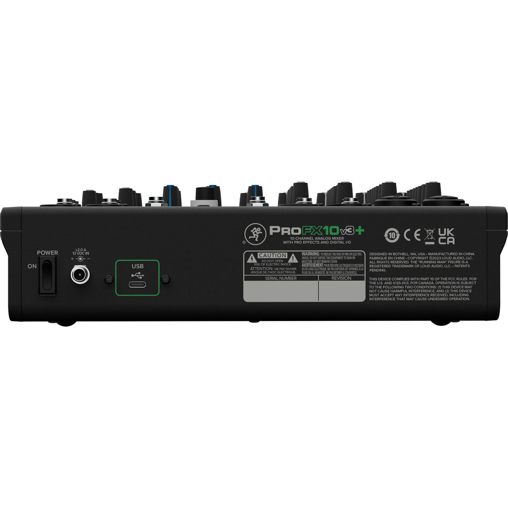 Mackie ProFX10v3+ analog mixer with multiple input channels, knobs, and audio controls, designed for live sound and recording setups.