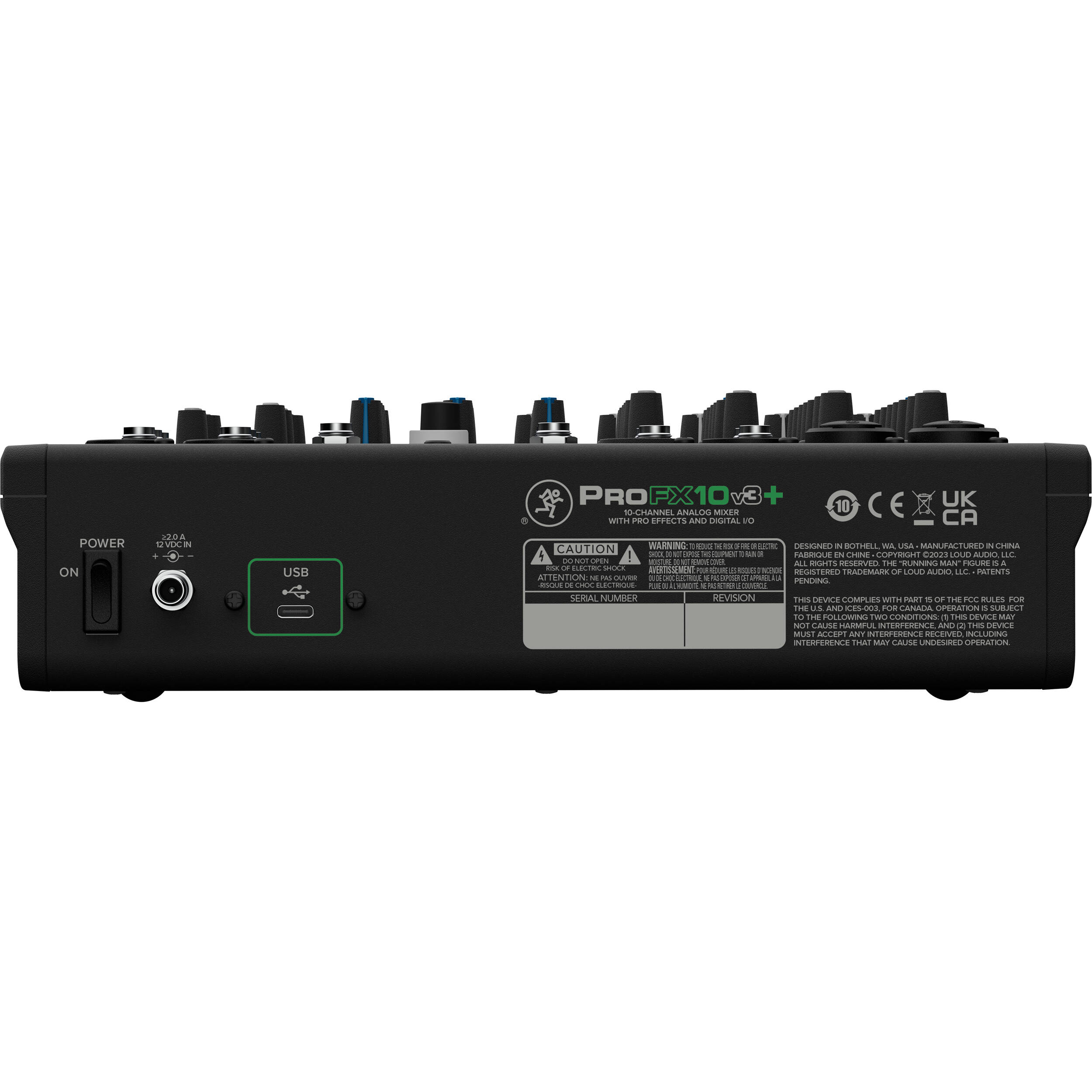Mackie ProFX10v3+ analog mixer with multiple input channels, knobs, and audio controls, designed for live sound and recording setups.