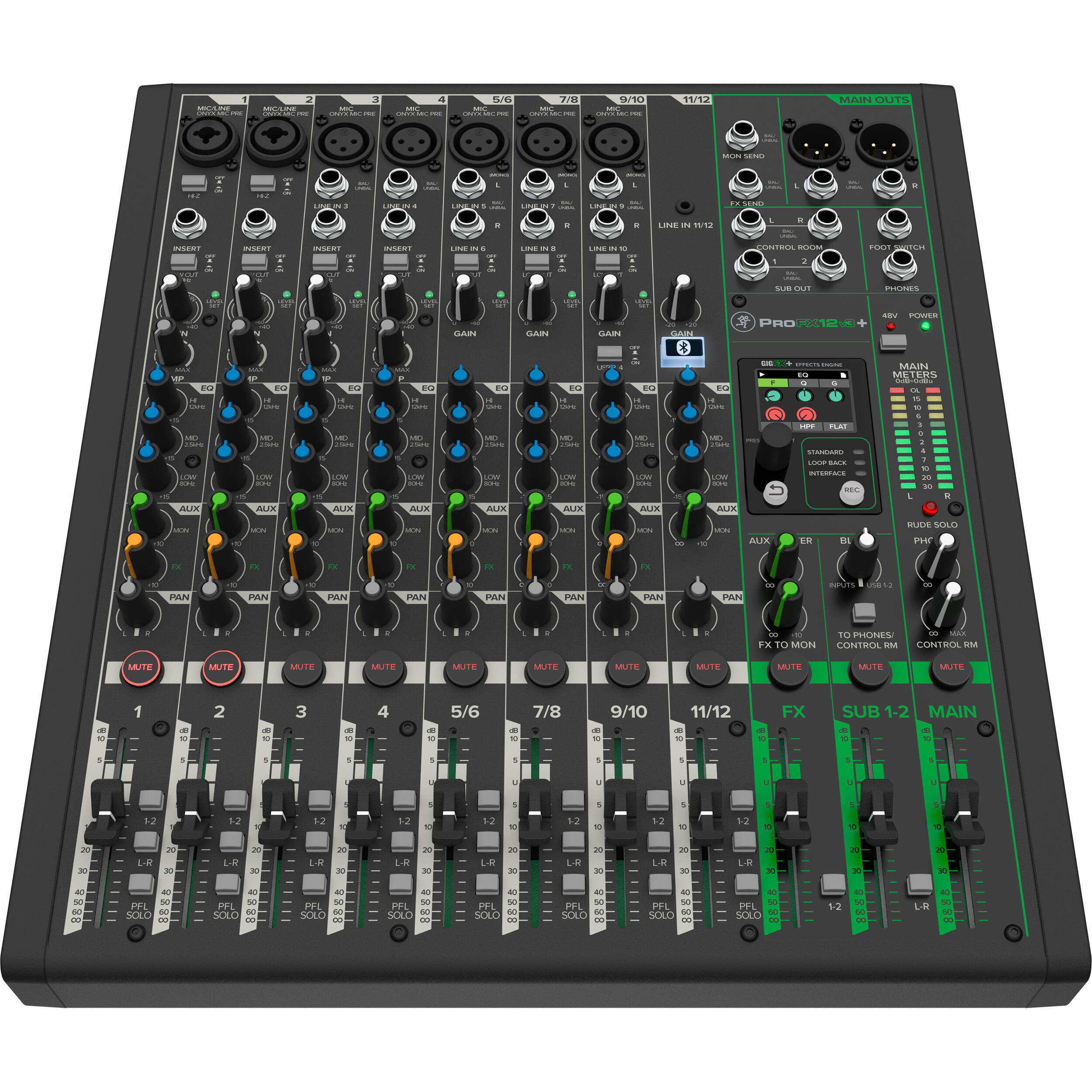 Mackie ProFX12v3+ analog mixer with multiple channels, knobs, and input jacks, showcasing professional audio mixing equipment.