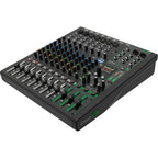 Mackie ProFX12v3+ analog mixer with multiple input channels, knobs, and sliders for professional audio mixing.