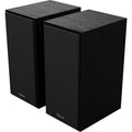 Black Klipsch R-40PM wireless speakers with sleek design and built-in controls, shown from a front view.