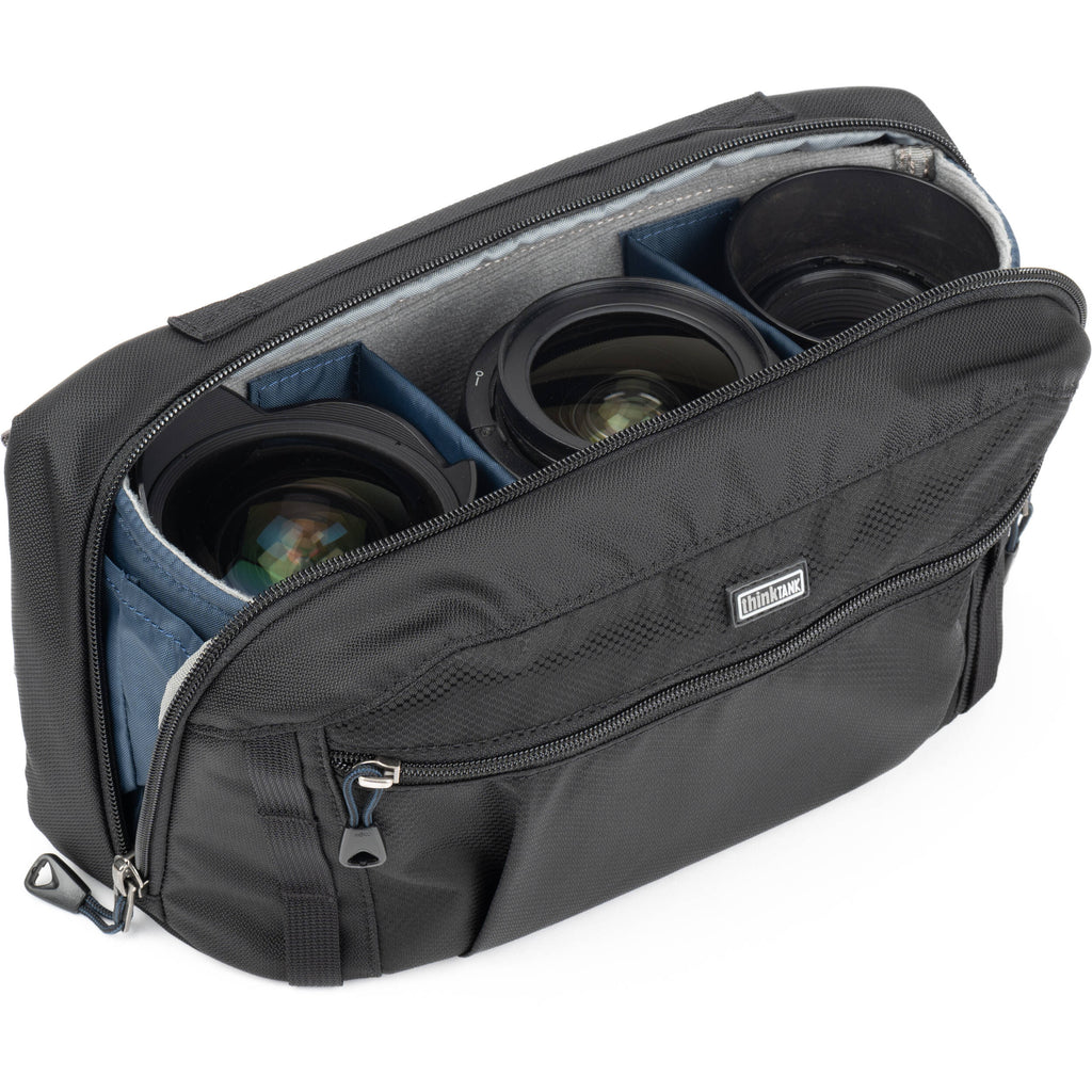 Think Tank PressPass video equipment bag with padded compartments for camera gear and accessories.