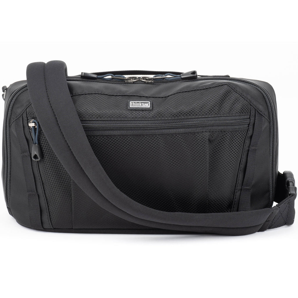 Think Tank PressPass video equipment bag with padded compartments and adjustable straps for professional camera gear protection.