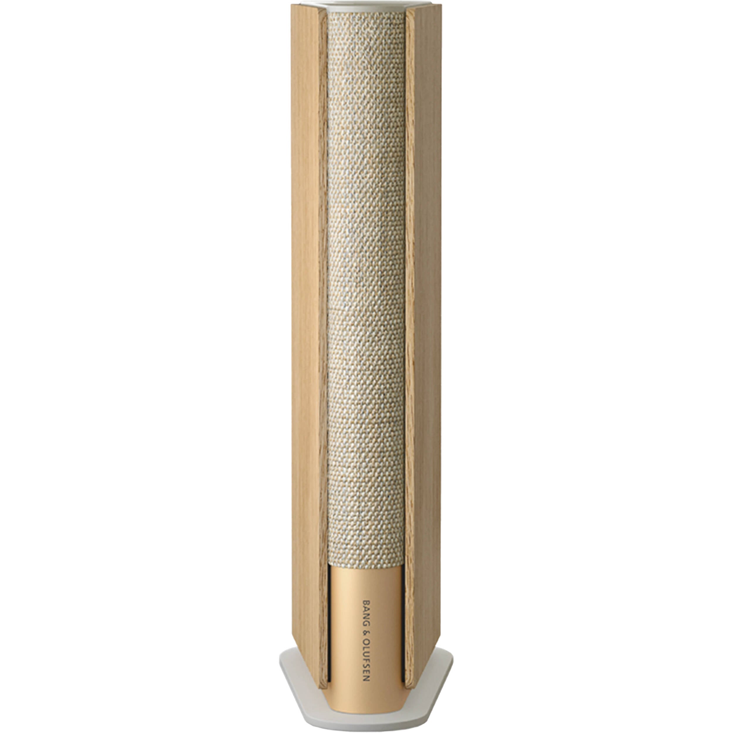 Bang & Olufsen Beosound Emerge wireless speaker in gold tone with sleek design and fabric-covered exterior.