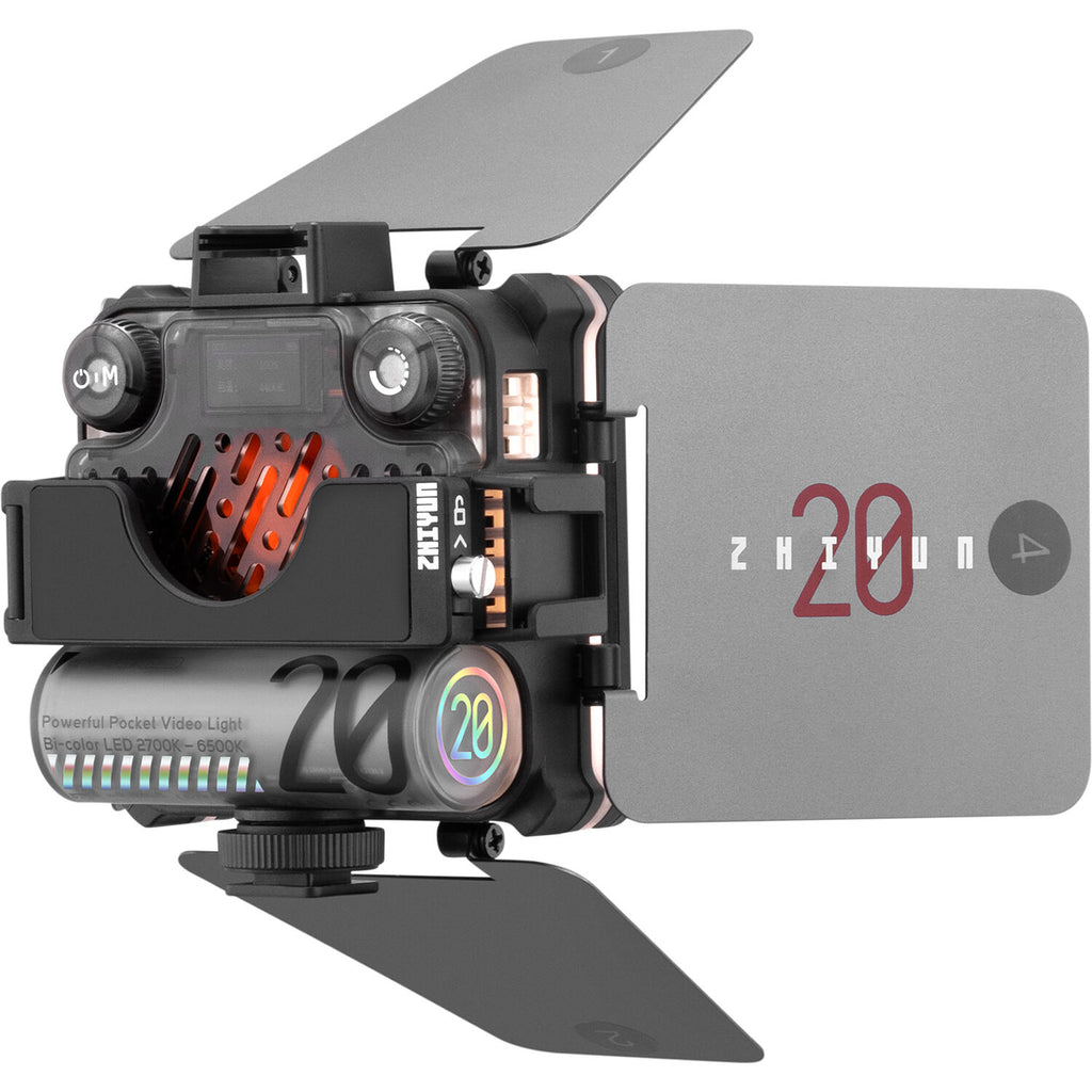 Zhiyun Fiveray M20 Bi-Color LED lights combo with adjustable panels and controls, ideal for professional video lighting setups.
