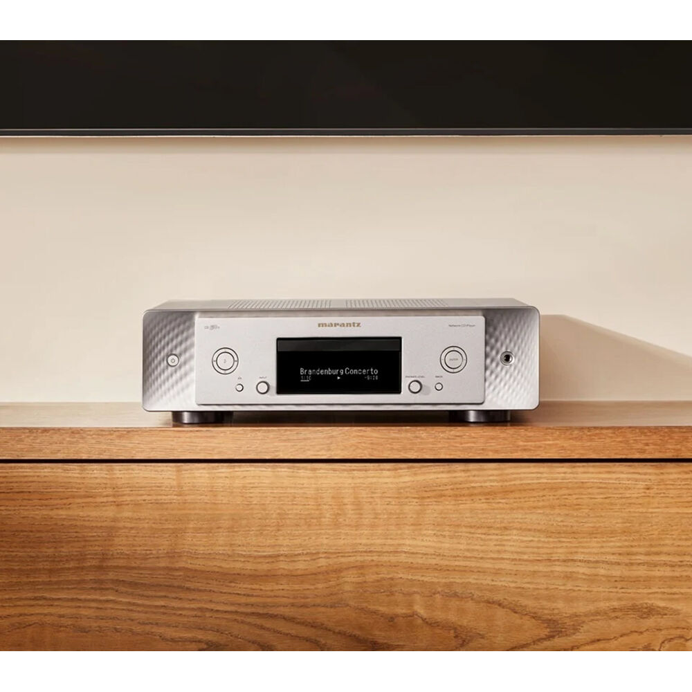 Marantz CD 50n portable music player with a sleek black design and digital display screen.