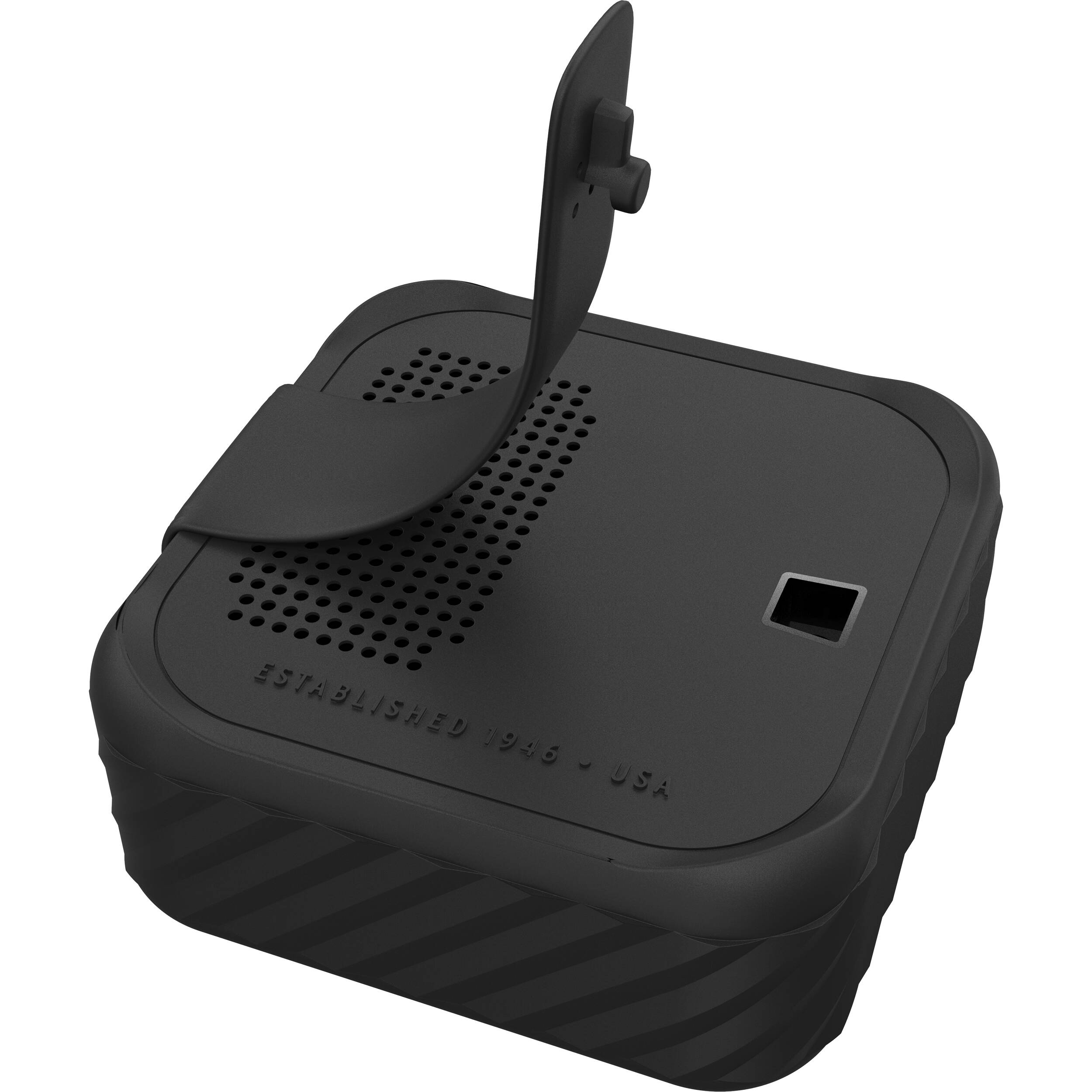 Klipsch Austin portable speaker with black compact design and control buttons, ideal for on-the-go sound.