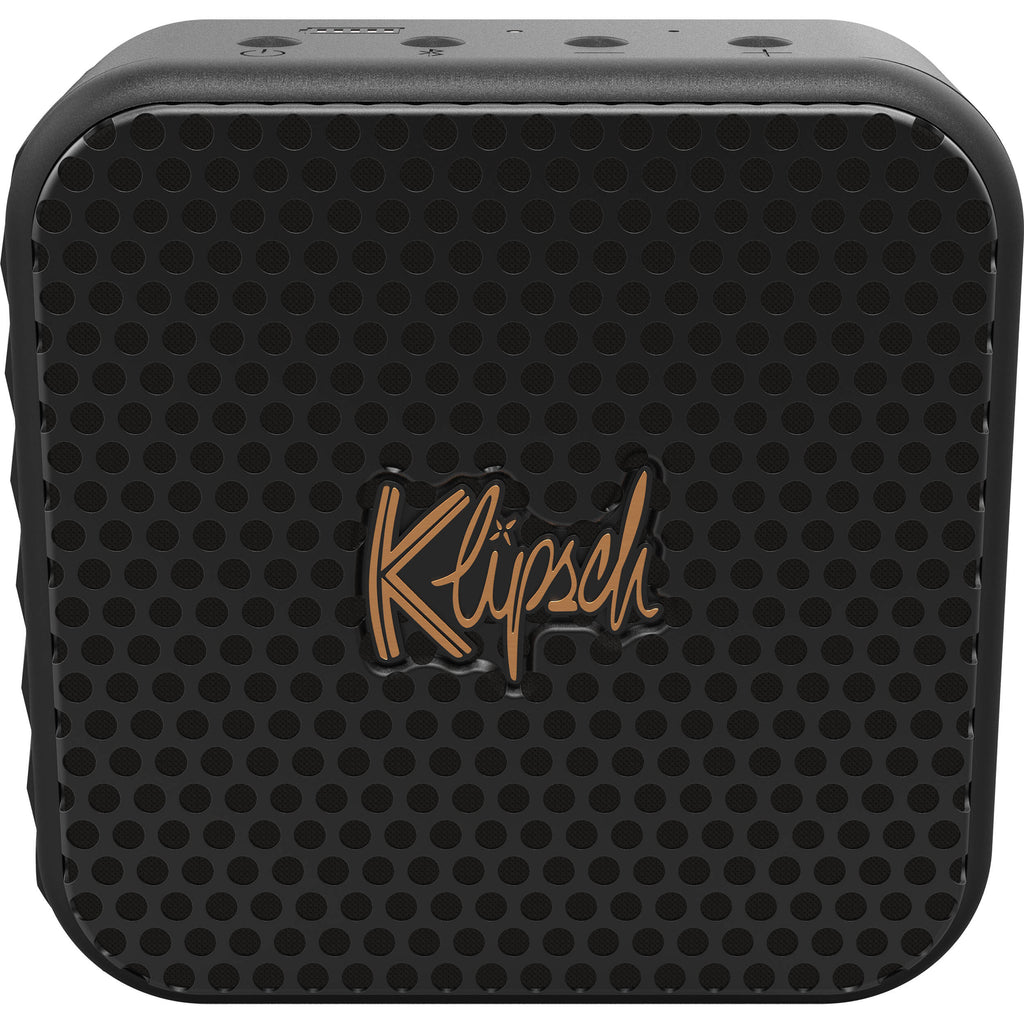 Klipsch Austin portable speaker in black with control buttons and grille, compact and portable audio device.