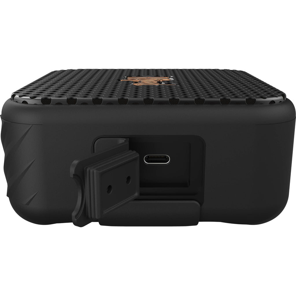 Klipsch Austin portable speaker with black casing and control buttons, showcasing its compact design and premium build quality.