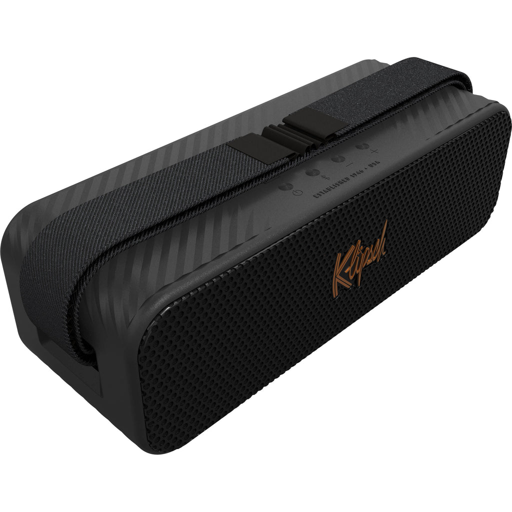 Klipsch Detroit portable speakers in sleek design, showcasing front grille and side controls on a wooden surface.