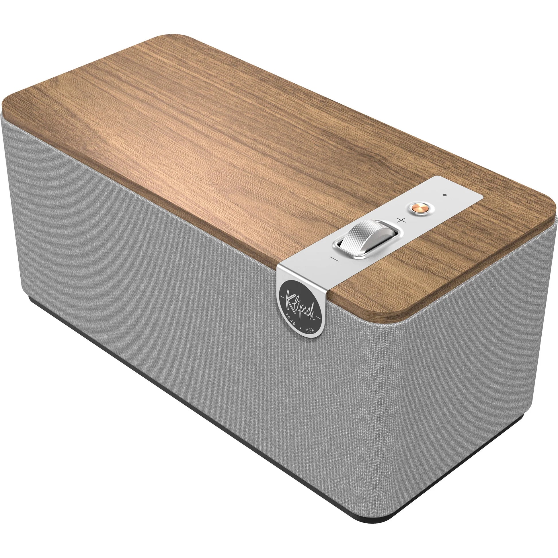 Wireless Klipsch The One Plus speaker with a sleek black design and control buttons on top.
