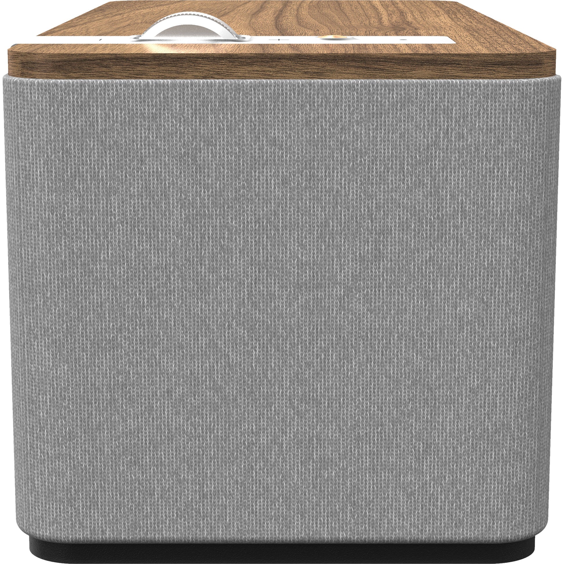 Klipsch The One Plus wireless speaker featuring a vintage-inspired design with a wooden finish and control buttons.