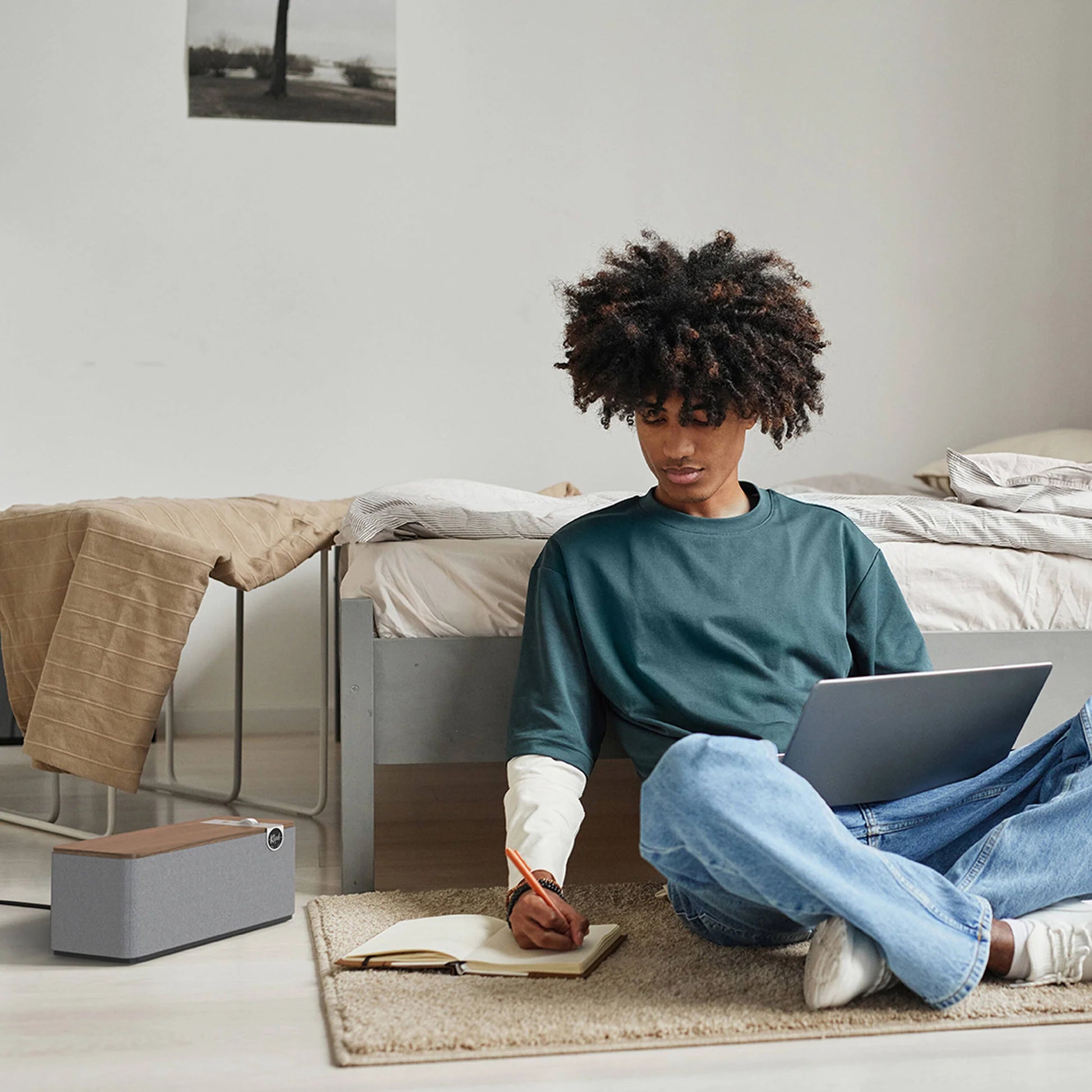 Wireless Klipsch The One Plus speaker with wood finish and control buttons, compact Bluetooth speaker for portable audio.