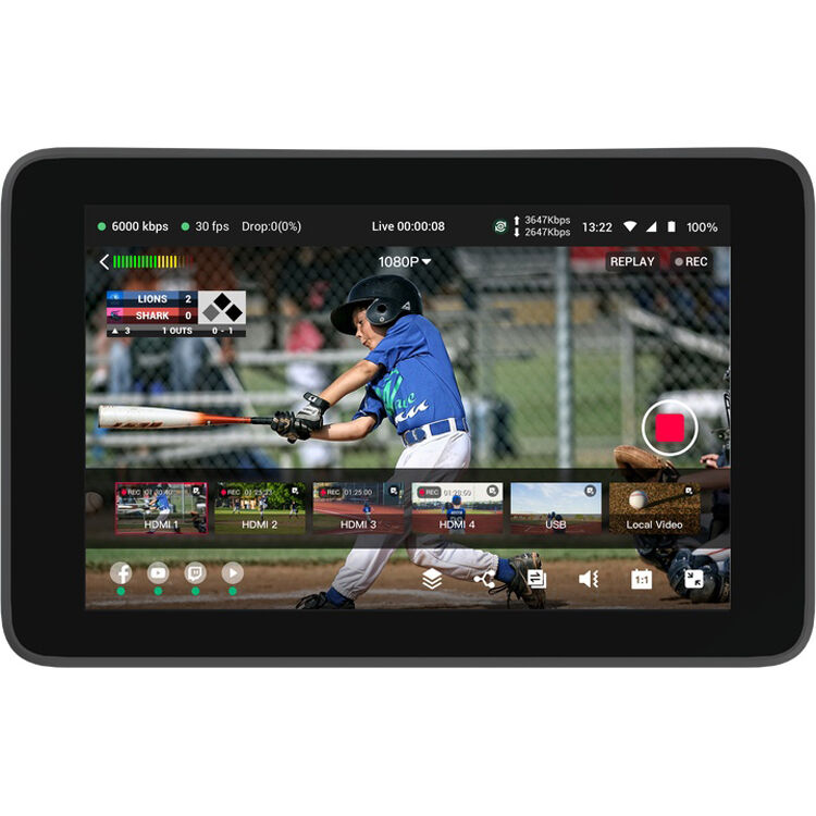 YoloLiv YoloBox Ultra video monitor showing a live streaming interface with touch screen controls and multiple video inputs.