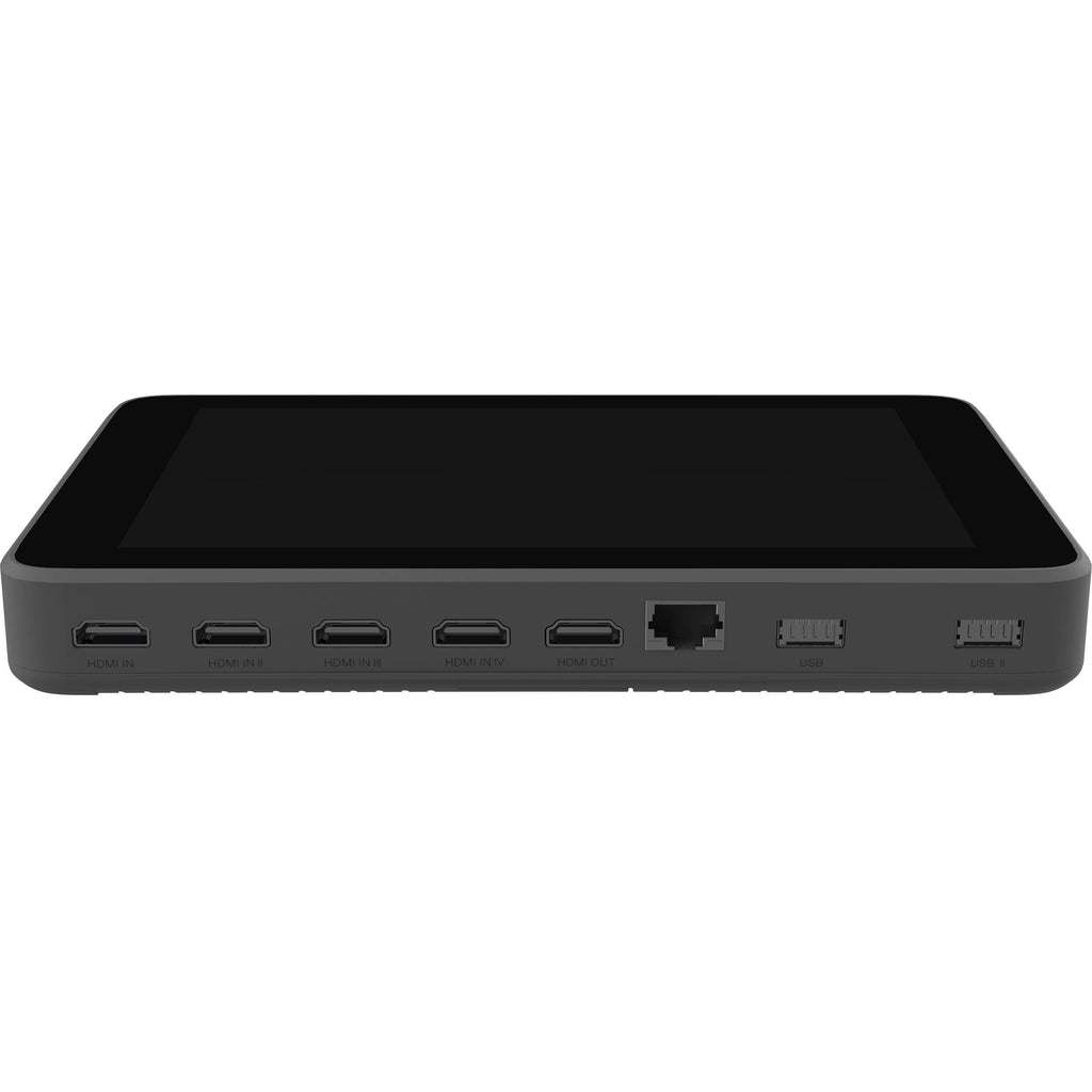 YoloLiv YoloBox Ultra video monitor displaying live streaming interface with buttons and screen in a professional setup.