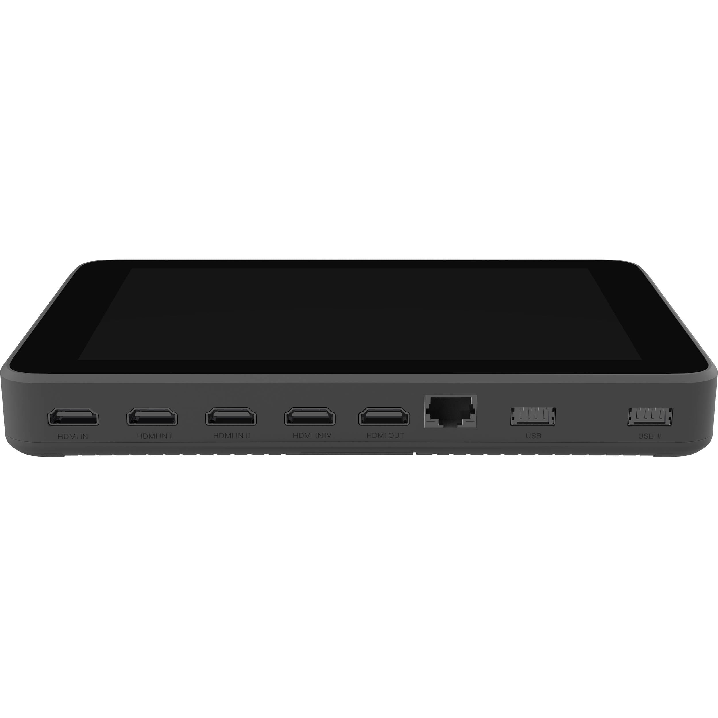 YoloLiv YoloBox Ultra video monitor displaying live streaming interface with buttons and screen in a professional setup.