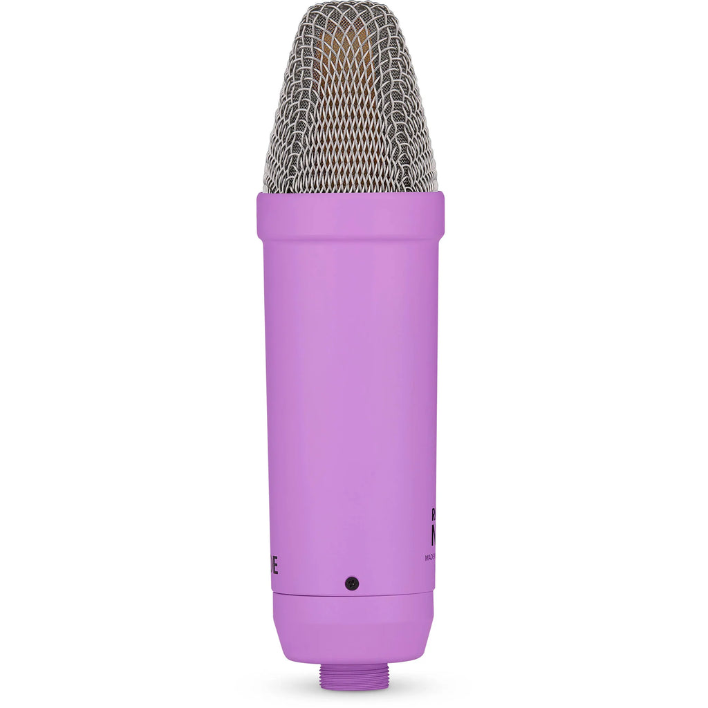 Rode NT1 Signature Series condenser microphone with black body and silver grille, studio recording microphone on stand.