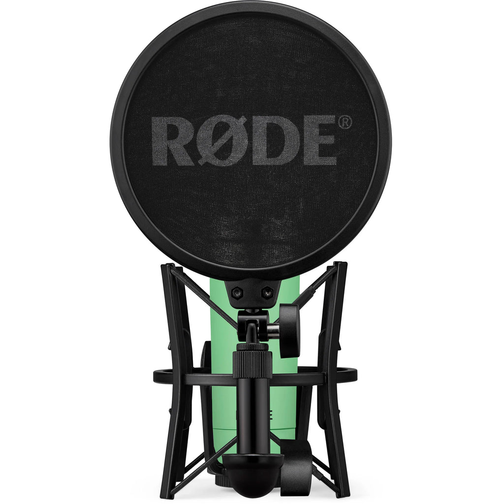 Rode NT1 Signature Series condenser microphone with a sleek black finish and shock mount for studio recording.