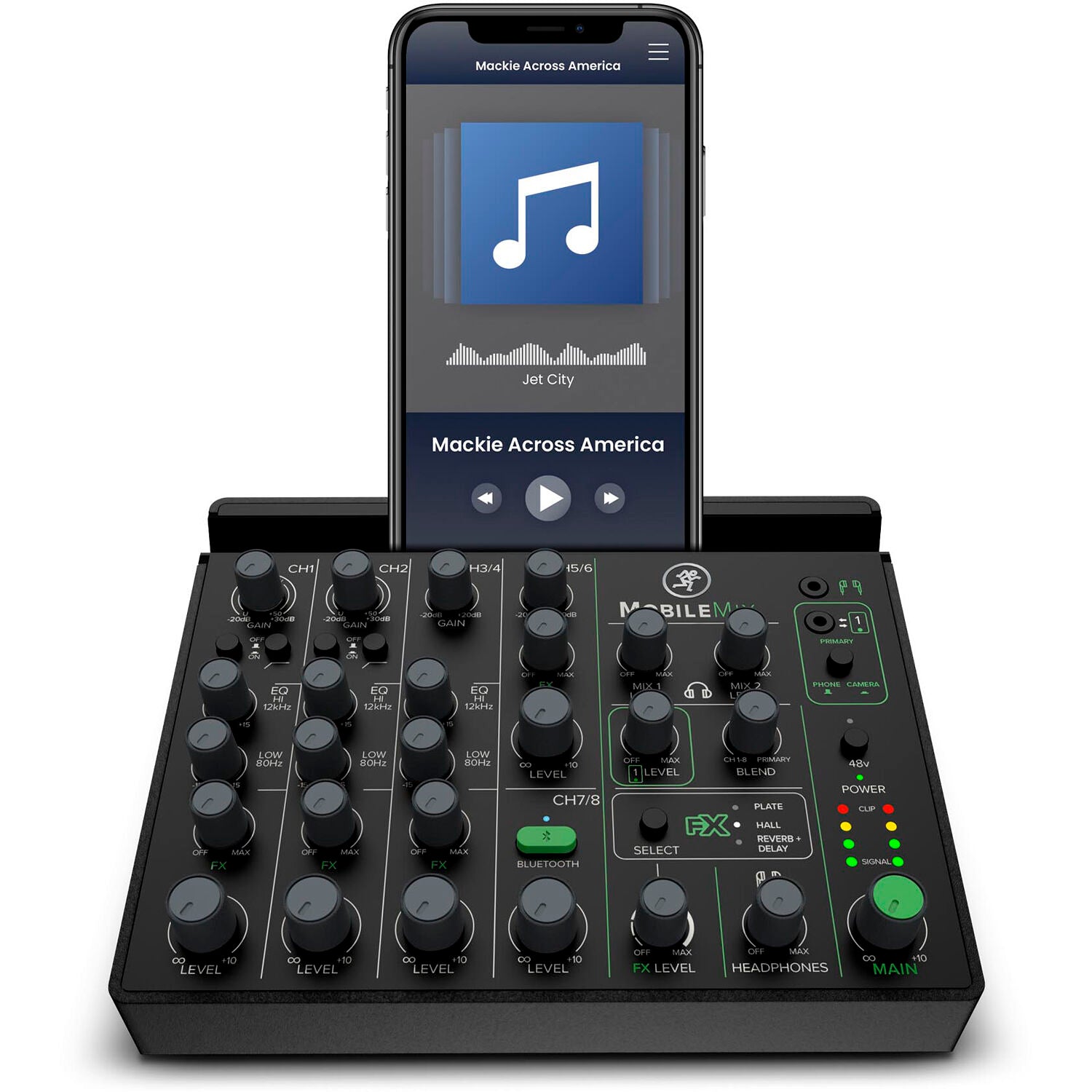 Mackie MobileMix video streaming mixer with multiple input channels and control knobs, compact design for portable audio mixing