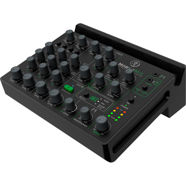 Mackie MobileMix video streaming mixer with multiple input channels and control knobs, designed for portable audio and streaming setups.