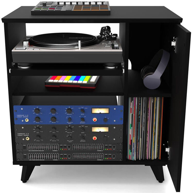 Glorious modular side rack for DJ tables and furniture, showing a sleek, black metal design with adjustable shelving for equipment.