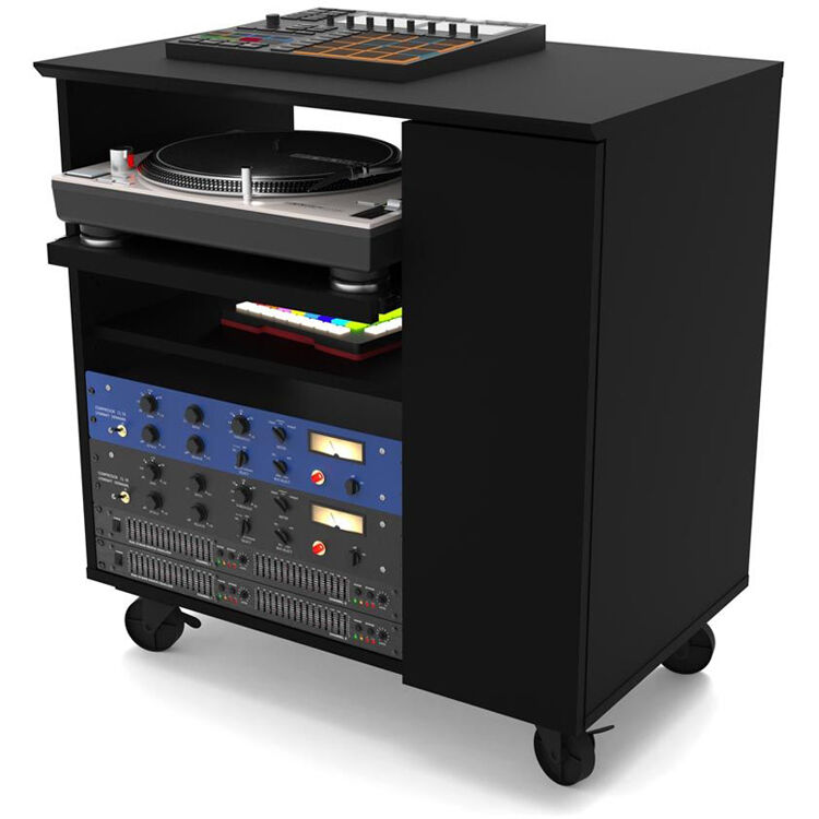 Glorious Modular Side Rack for DJ tables and furniture, showing a sleek black metal design with multiple slots and adjustable panels.