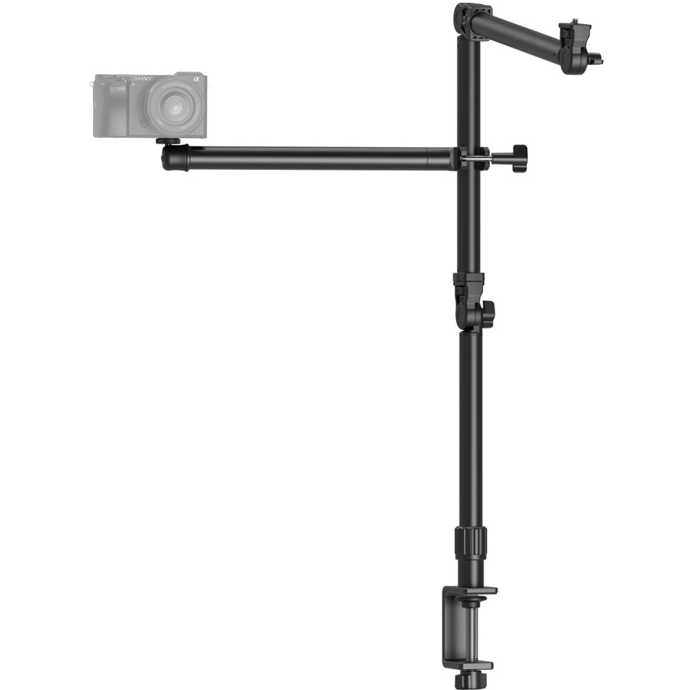 SmallRig Live Desktop Camera Bracket DT-50 mounted on a desk, supporting compact camera for live streaming or recording setups.