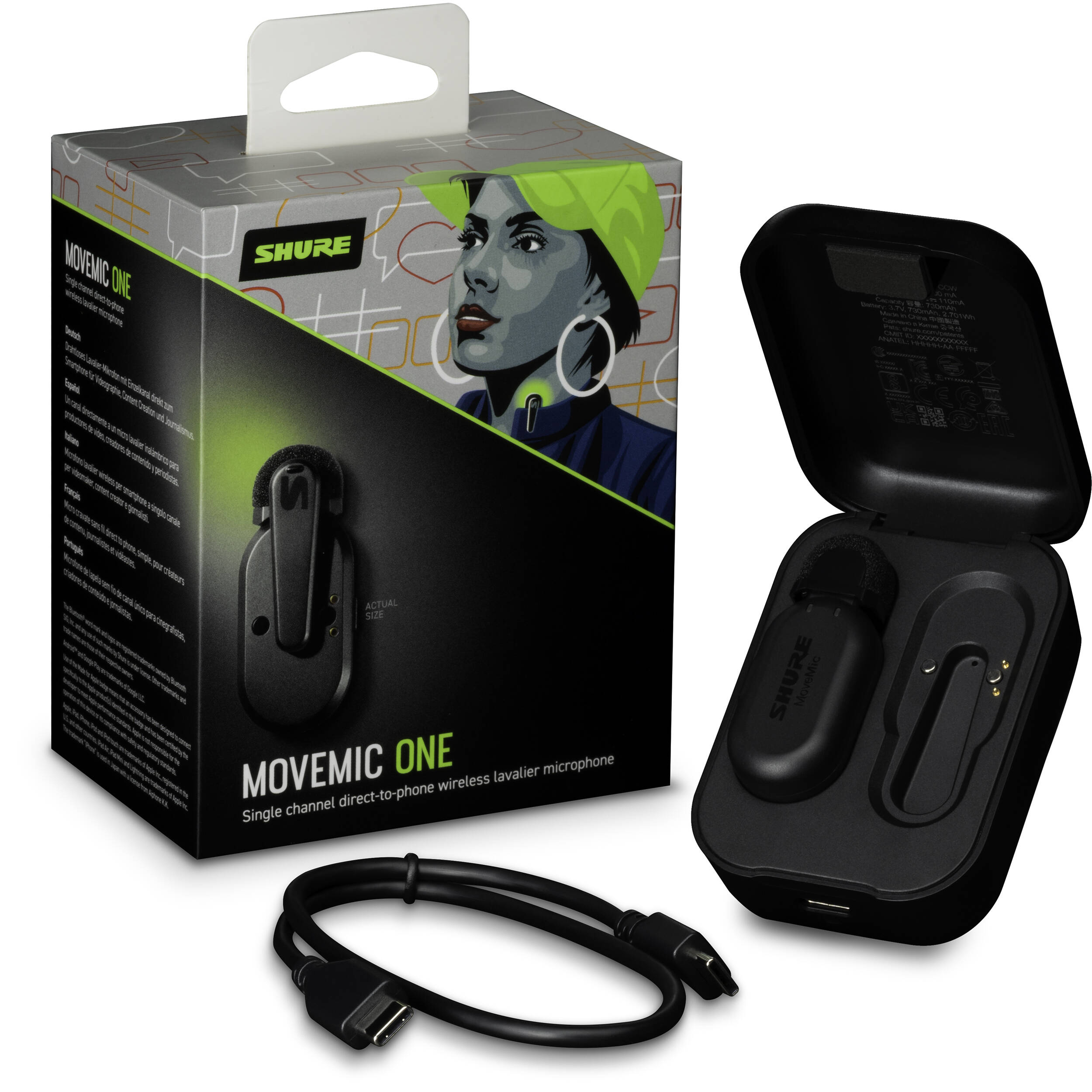 Shure MoveMic One wireless creator microphone system with microphone and transmitter for professional audio recording.
