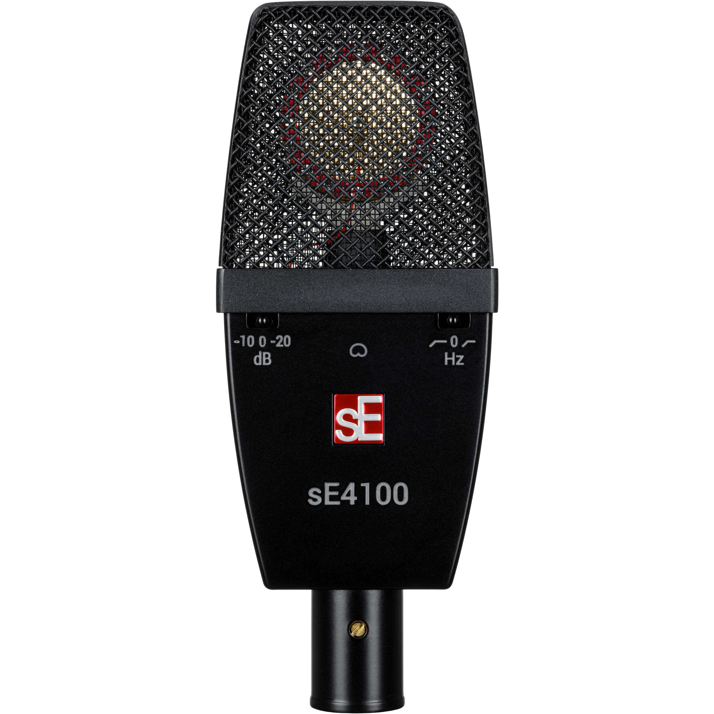 sE Electronics sE4100 condenser microphone with shock mount and pop filter, studio recording setup.