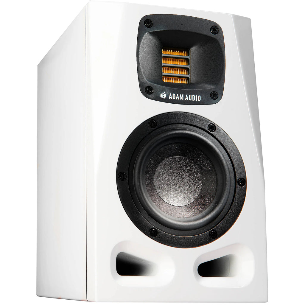 Adam Audio A4V active nearfield monitors shown with sleek black finish and compact design for studio audio monitoring.