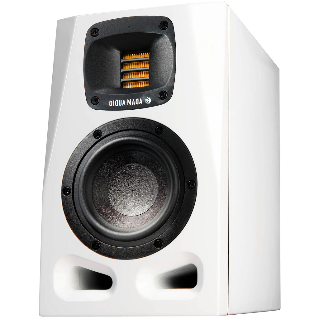 Adam Audio A4V active nearfield monitors shown with sleek black speaker cabinets and detailed front panels.