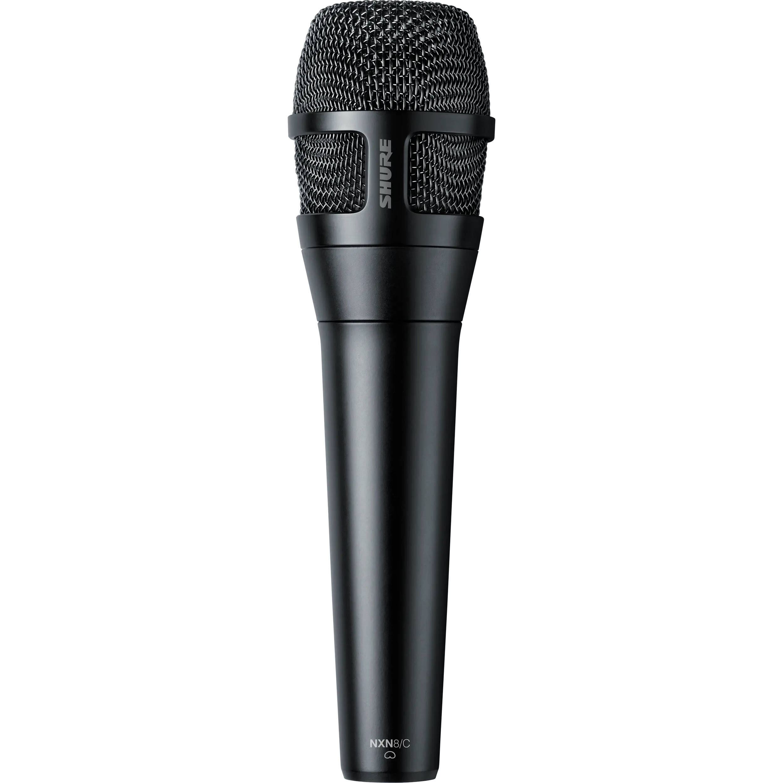 Shure Nexadyne 8/C dynamic microphone with black grille and body, designed for professional audio use.