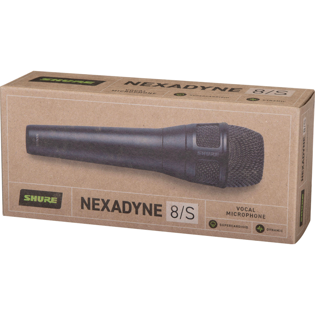Shure Nexadyne 8/S dynamic microphone with black grille and body, designed for professional audio applications.