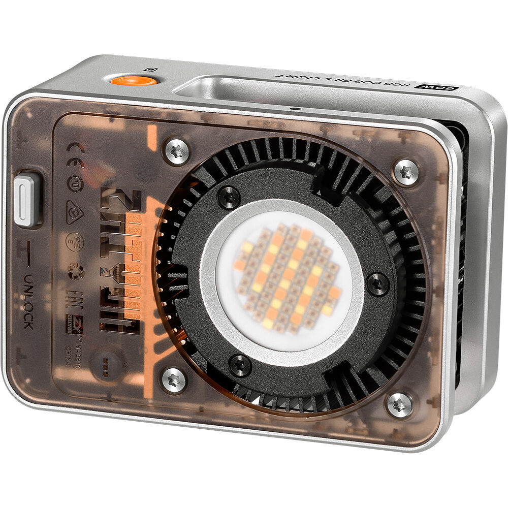 Zhiyun Molus X60 RGB LED light panel showing colorful lighting effects and control interface for professional photography.