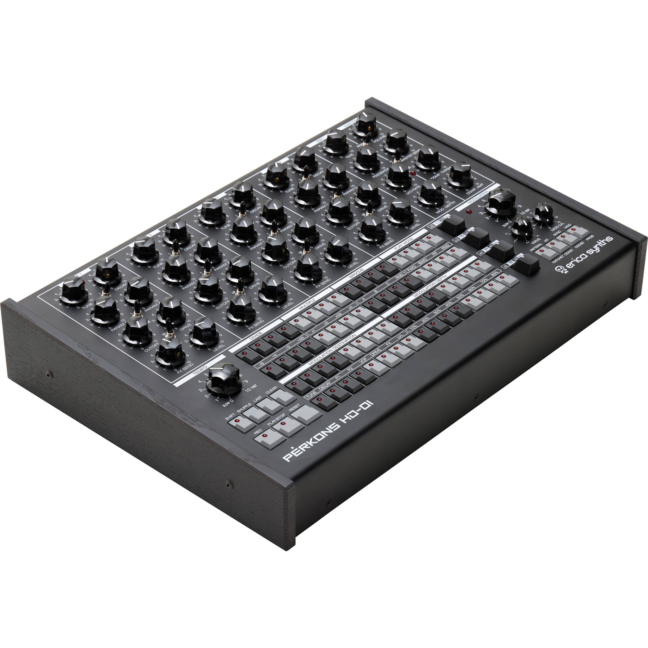 Erica Synths Perkons HD-01 drum machine and sampler with knobs and buttons, compact electronic music production device.