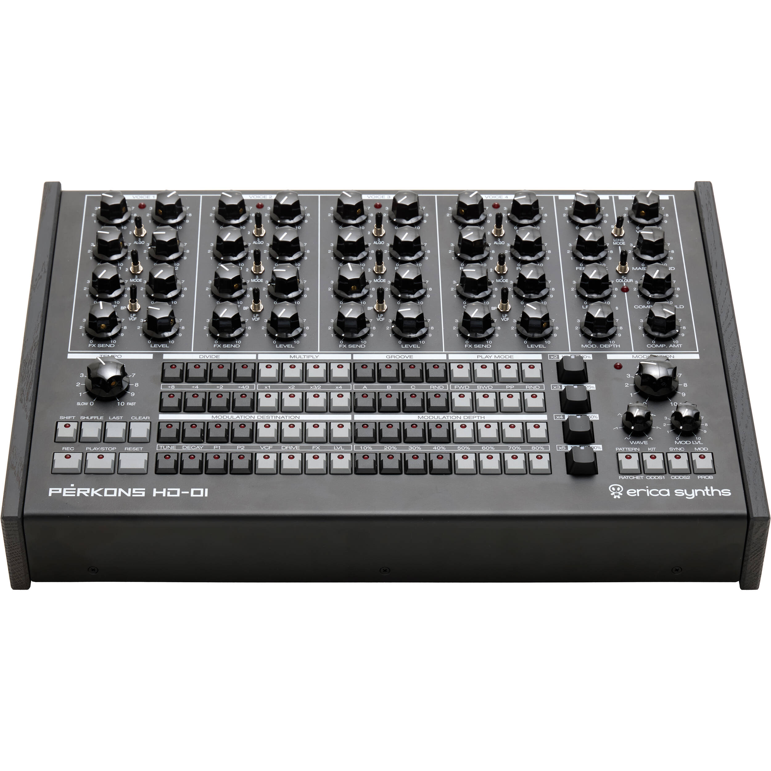 Erica Synths Perkons HD-01 drum machine and sampler with knobs and buttons, black and silver front panel, compact electronic music gear.