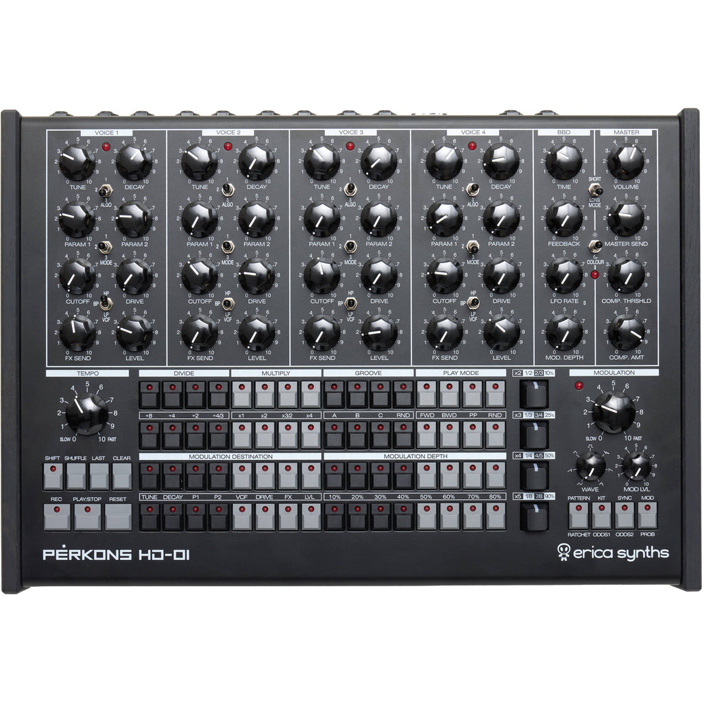 Erica Synths Perkons HD-01 drum machine and sampler with knobs and interface, designed for electronic music production.