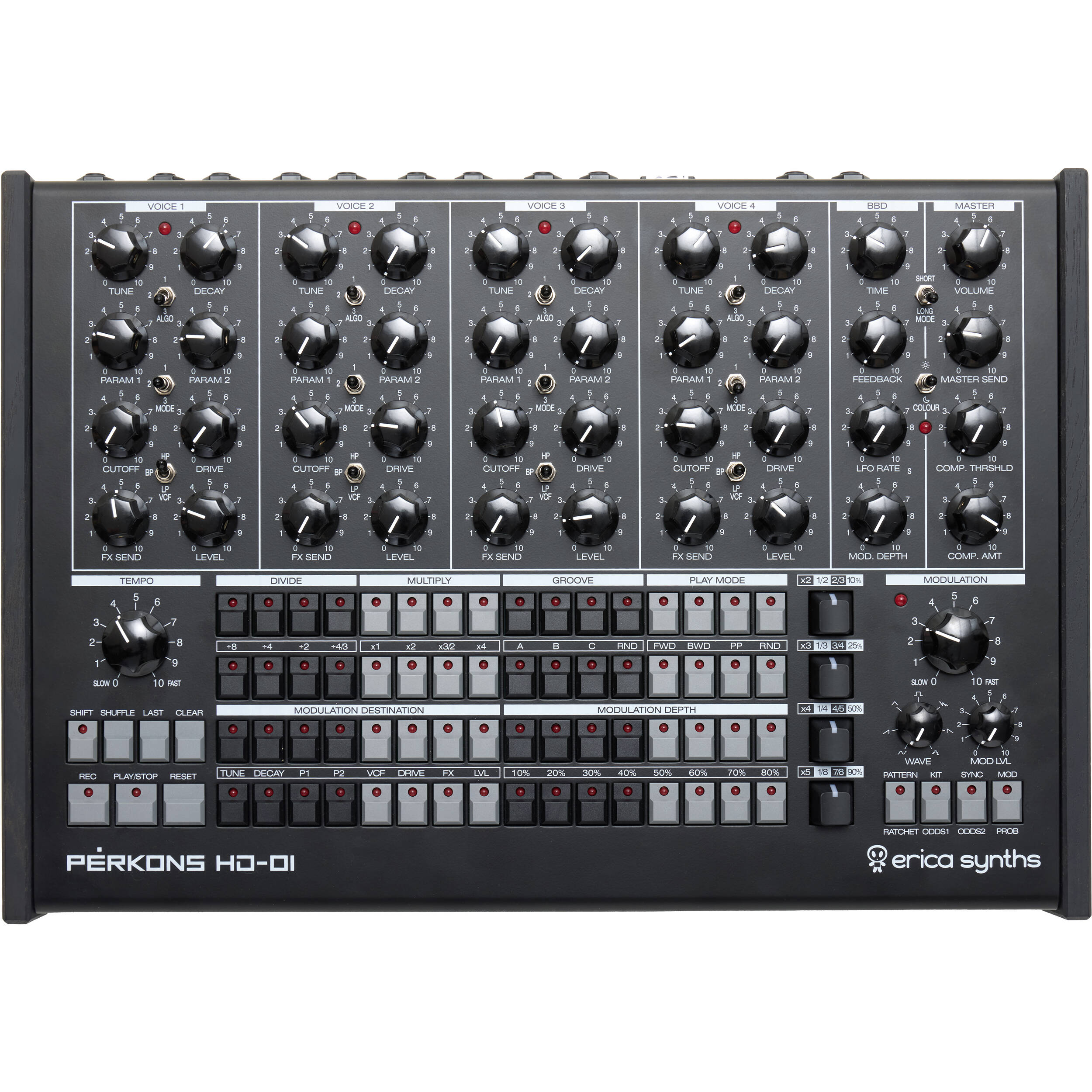 Erica Synths Perkons HD-01 drum machine and sampler with knobs and interface, designed for electronic music production.
