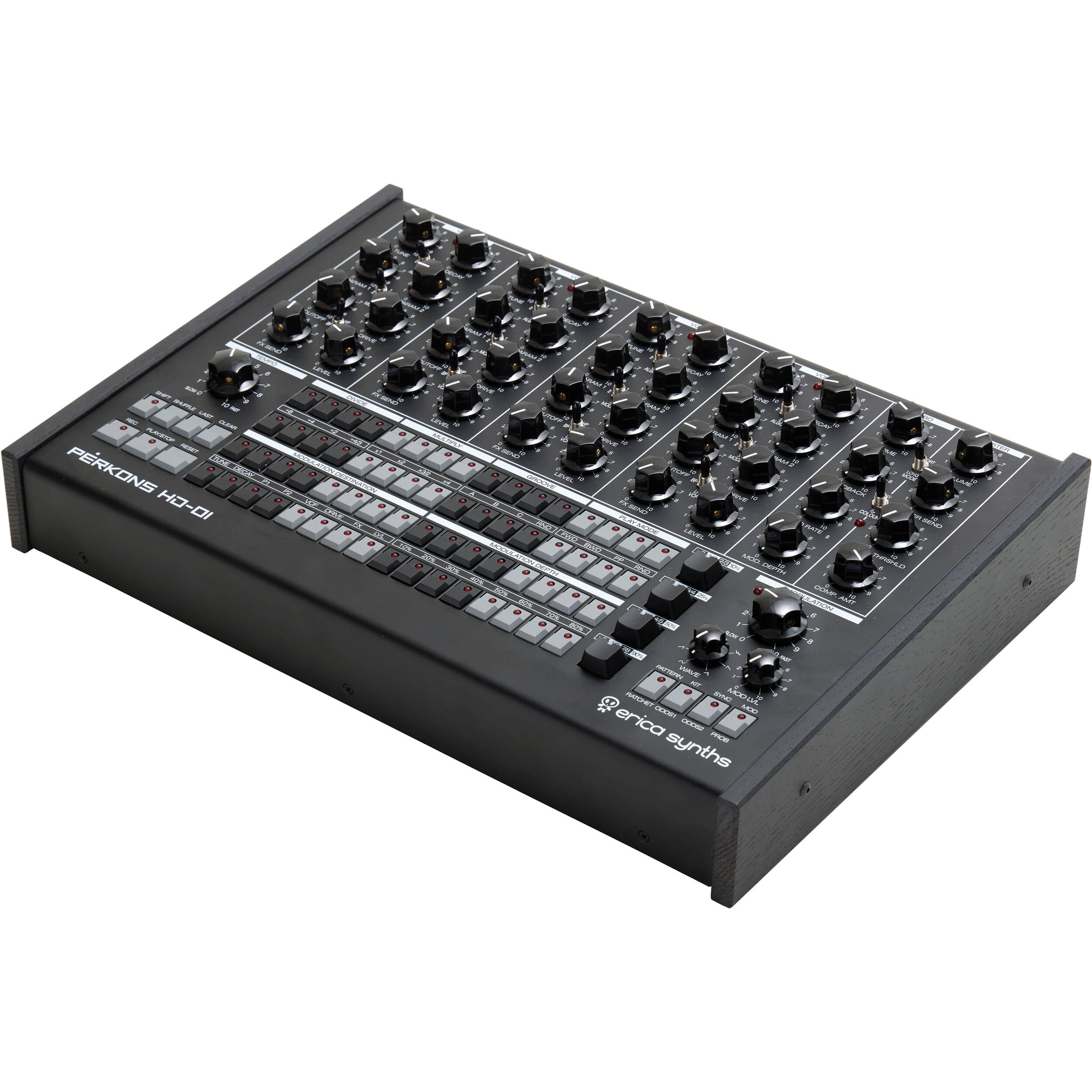 Erica Synths Perkons HD-01 drum machine and sampler with knobs and buttons on a sleek black panel.