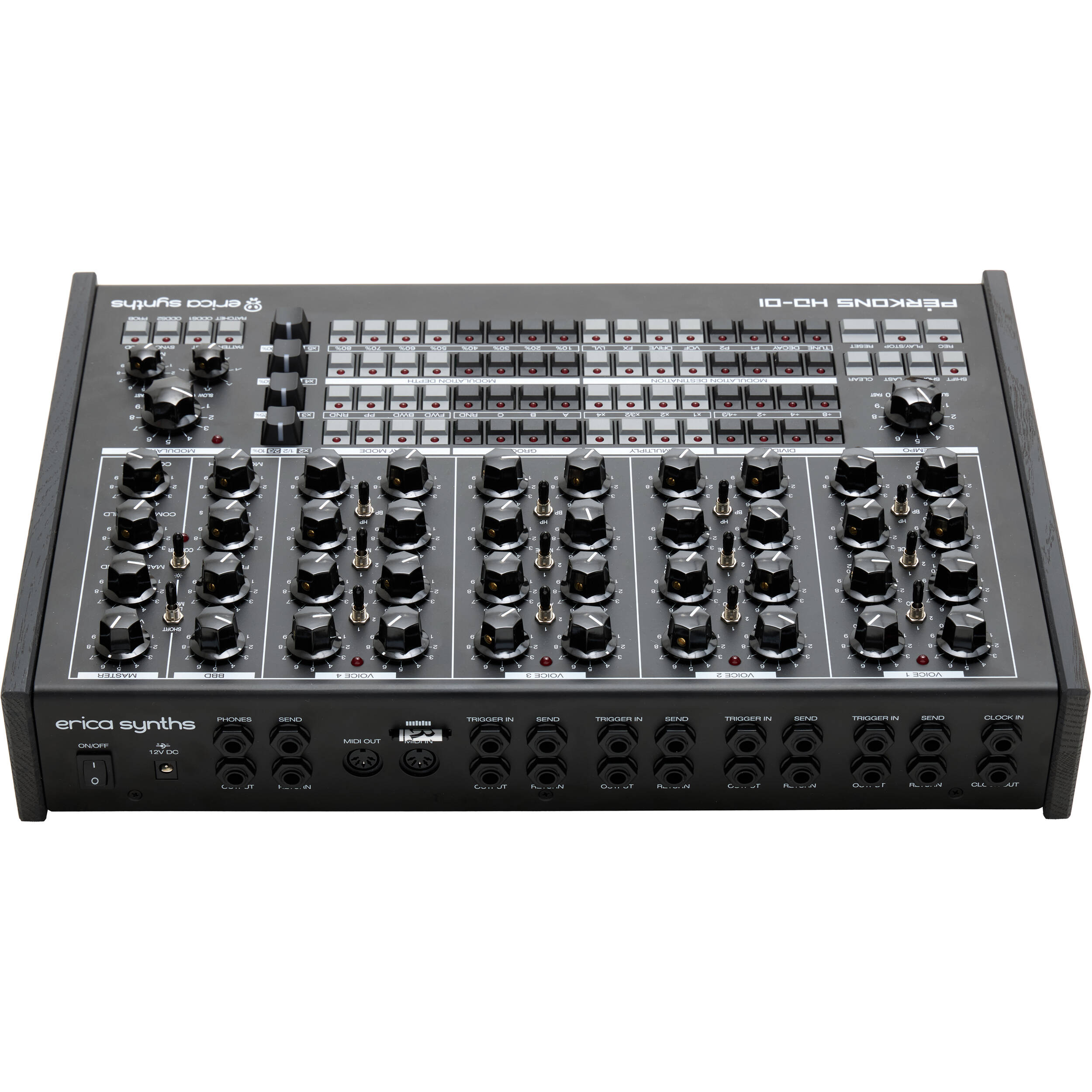 Erica Synths Perkons HD-01 drum machine and sampler with knobs and buttons, compact electronic music instrument.