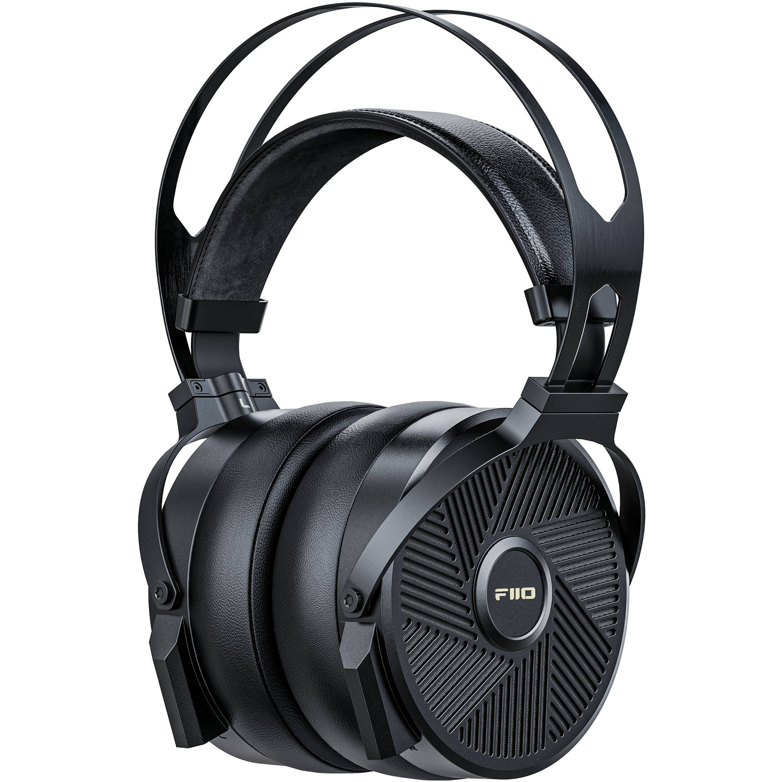 FiiO FT5 wired headphones with black ear cups and braided cable, featuring ear tips and inline remote for music control.