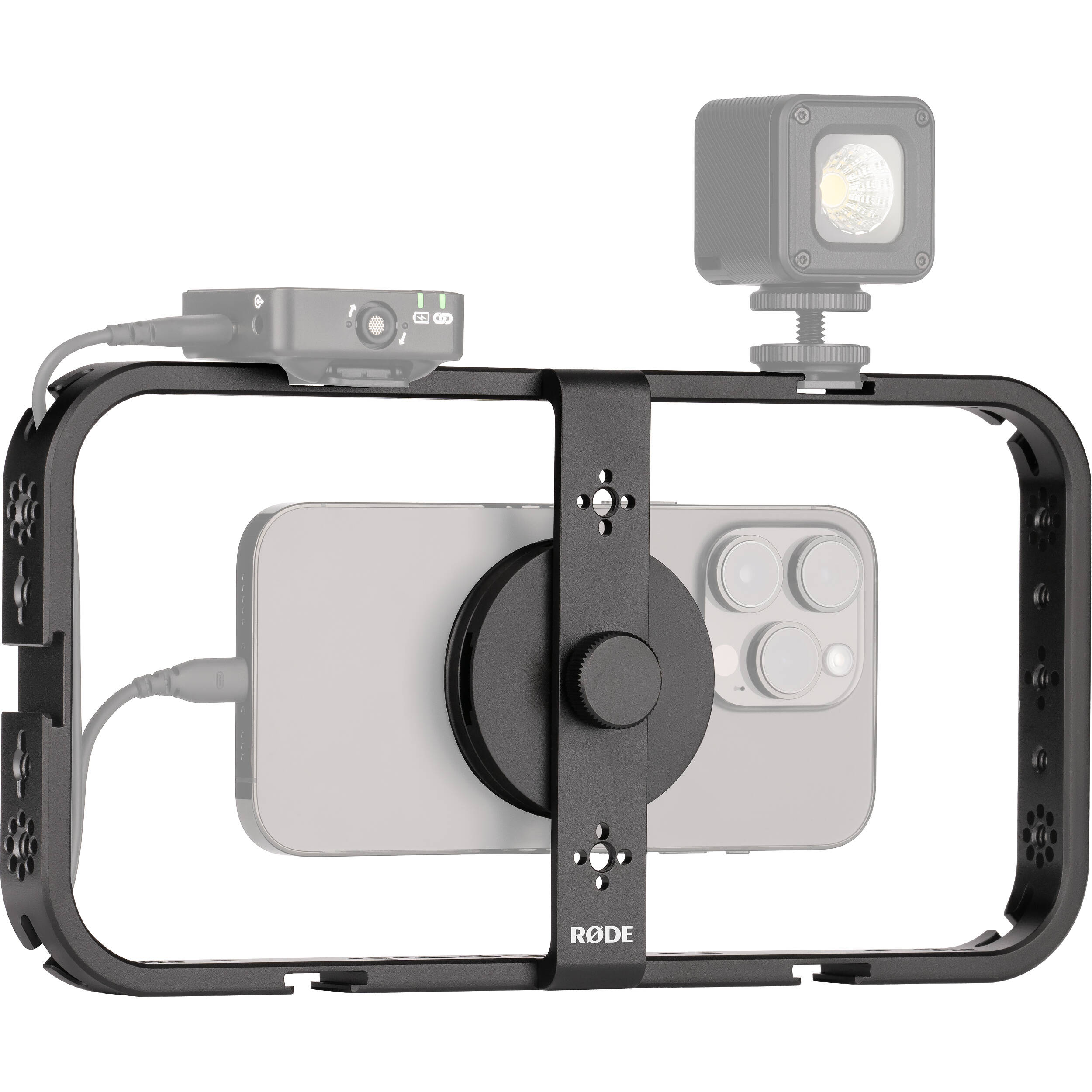 Rode Phone Cage mounted on tripod, holds smartphone for stable video recording or streaming setup.