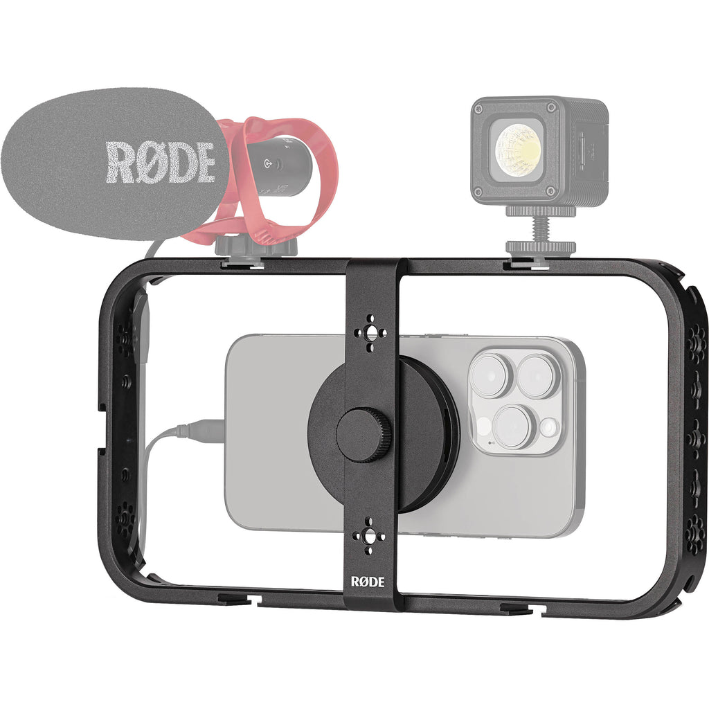 Rode Phone Cage mounted on a tripod, supporting a smartphone for stable video recording and mobile filmmaking.